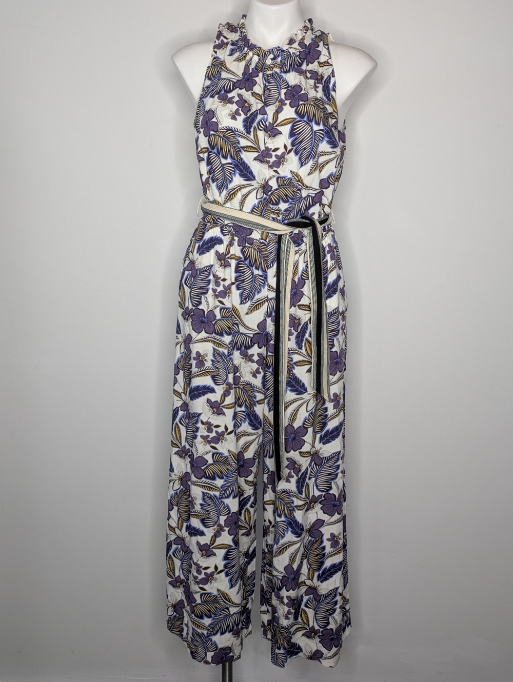 Loft White Purple Floral Tie Belt Sleeveless Jumpsuit XS/S